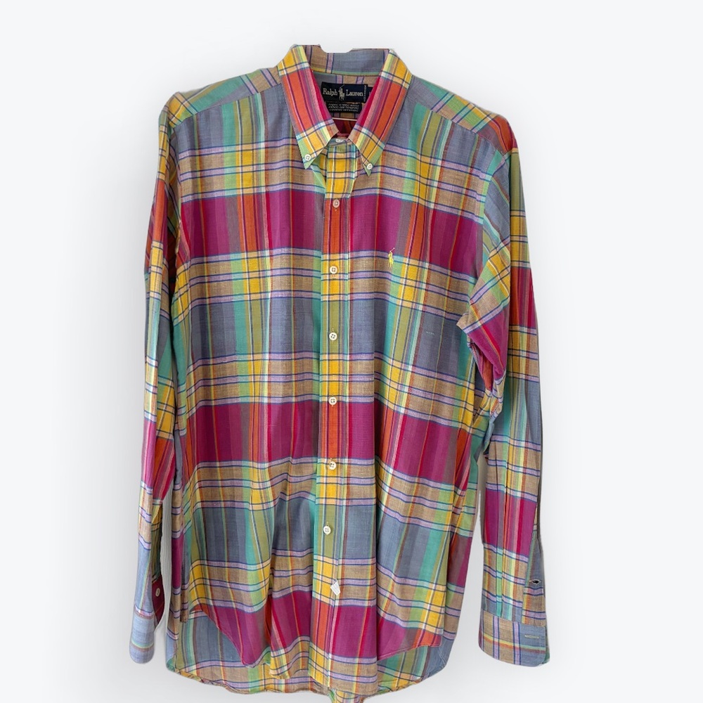 Vintage Ralph Lauren Madras Plaid Long Sleeve Shirt Orange Pink Yellow Blue L